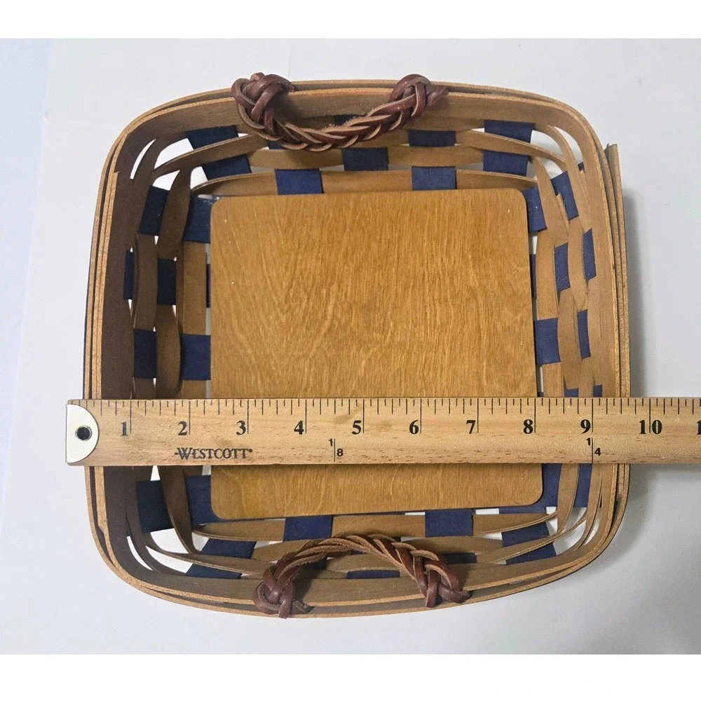 Longaberger 2009 Handmade Basket Blue Green Woven‎ Square Leather Handles USA